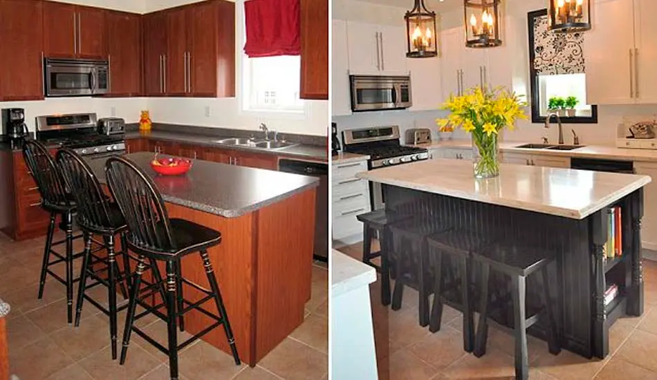 Antes y después de una cocina con isla y barra