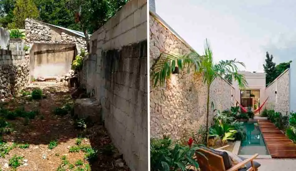 Antes y después de un patio exterior con jardín