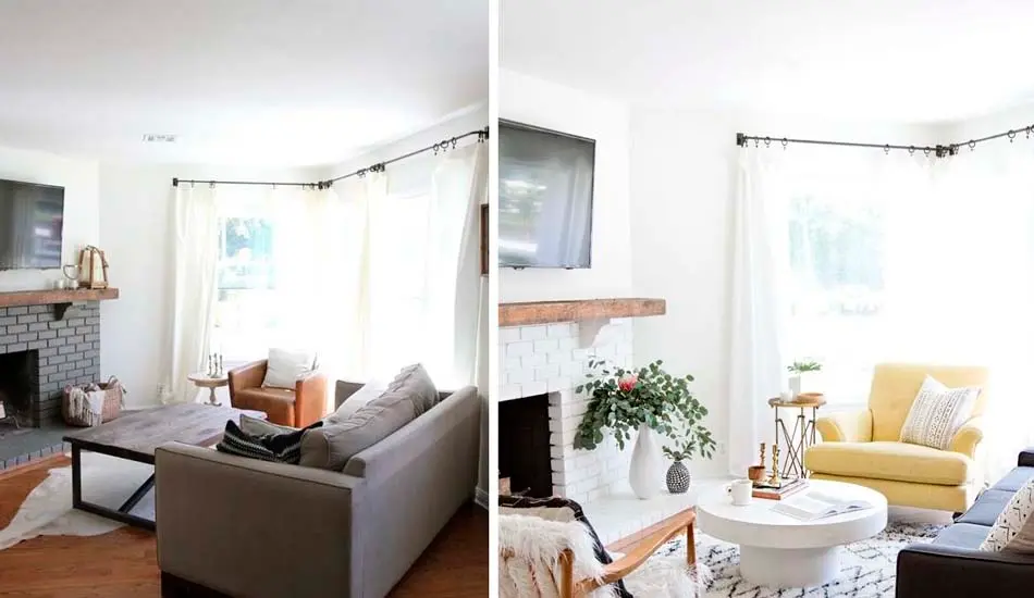 Antes y después de una sala luminosa con piso de madera